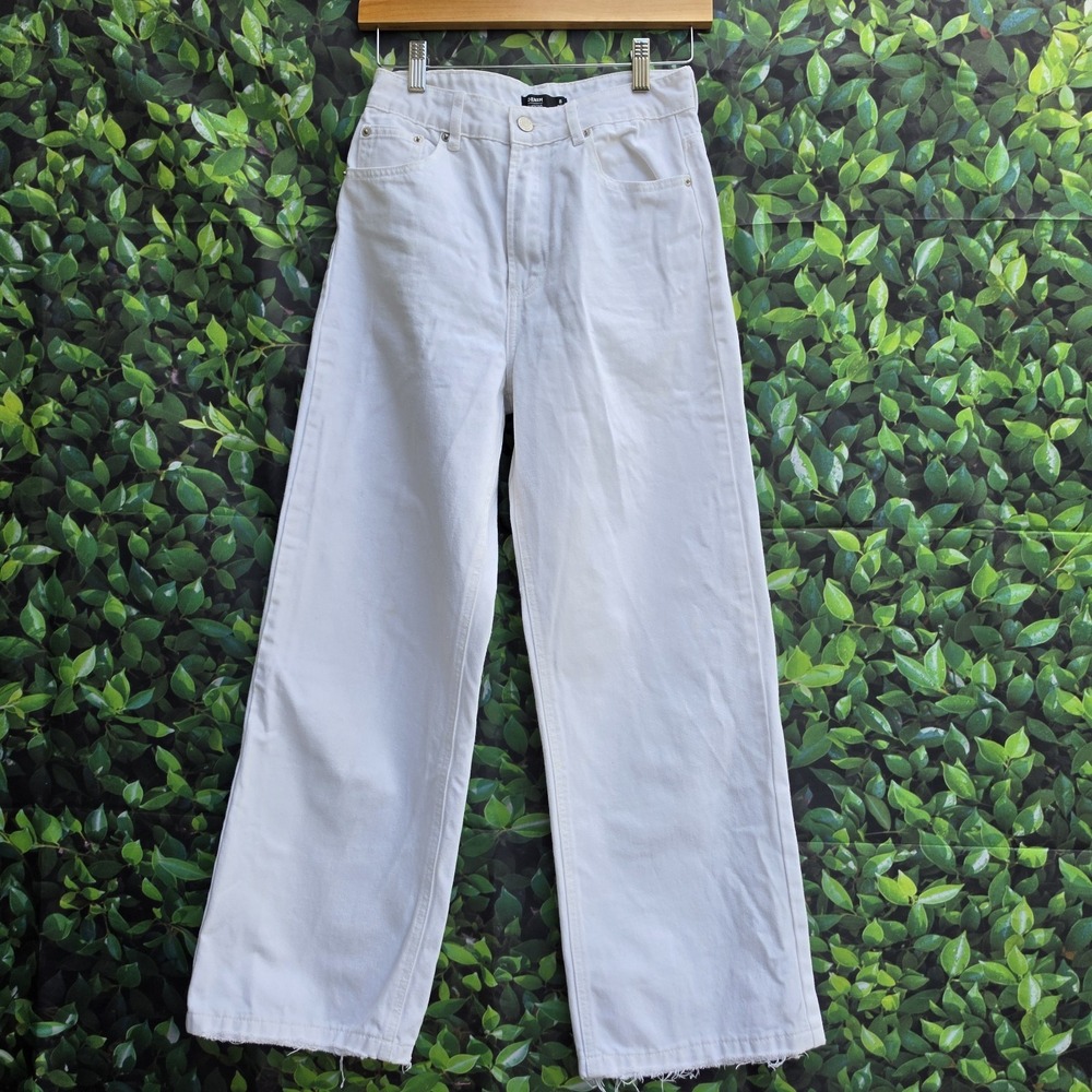 Glassons White Wide Leg Jeans Womens Size 8 Raw Hem High Rise Denim Pants